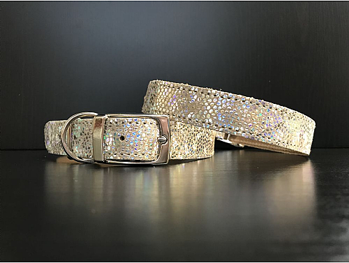 Beige with Holographic Dots - Leather Dog Collar - Size L